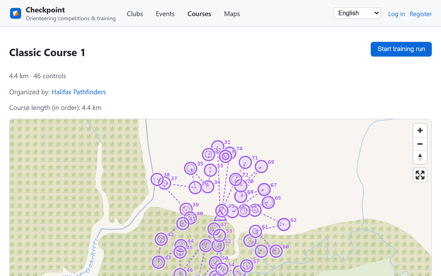 A course with numbered controls plotted on a map