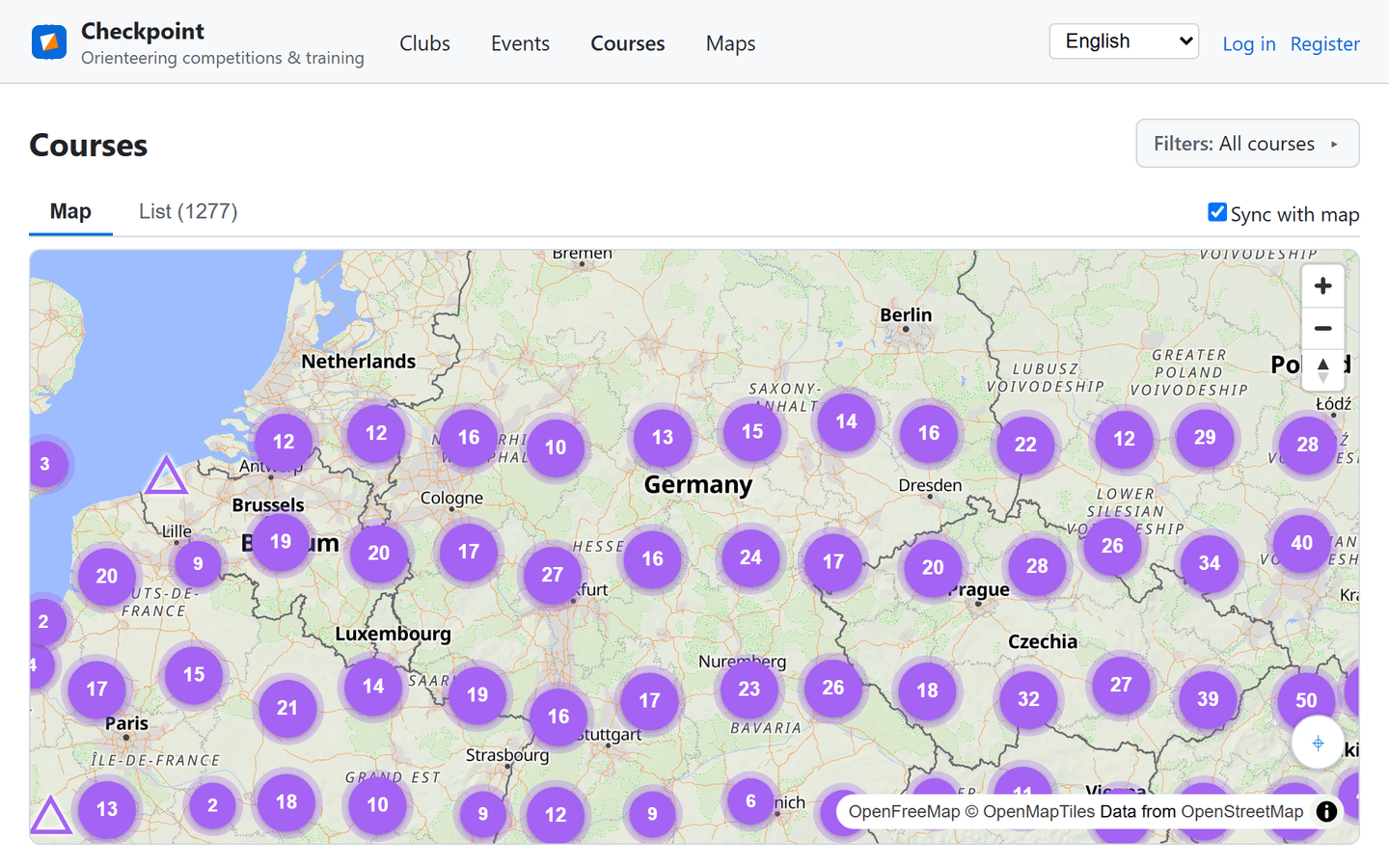 Course map pins across central Europe
