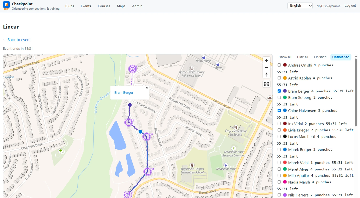 Live data map showing coloured athlete tracks and a roster with punch counts and time left