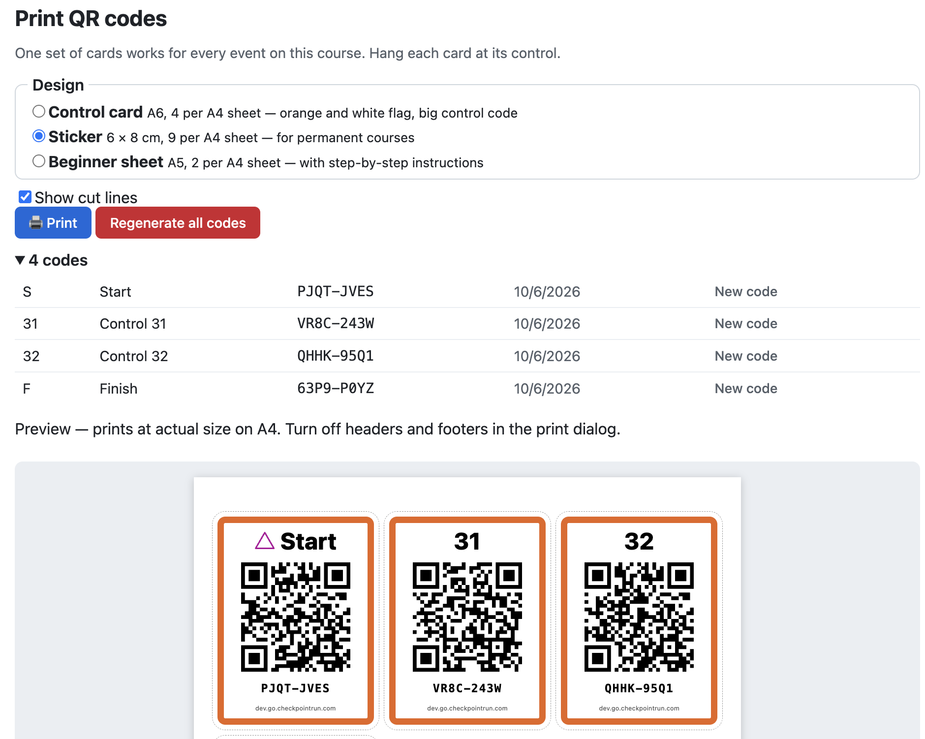 Printing a course’s QR codes as stickers